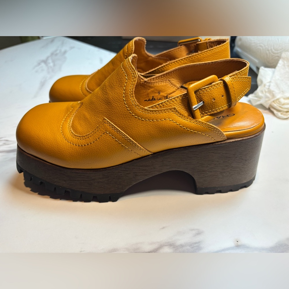 NWOT Charlotte Stone Caramel Leather Chunky Platform Slingback Clogs - Picture 6 of 10